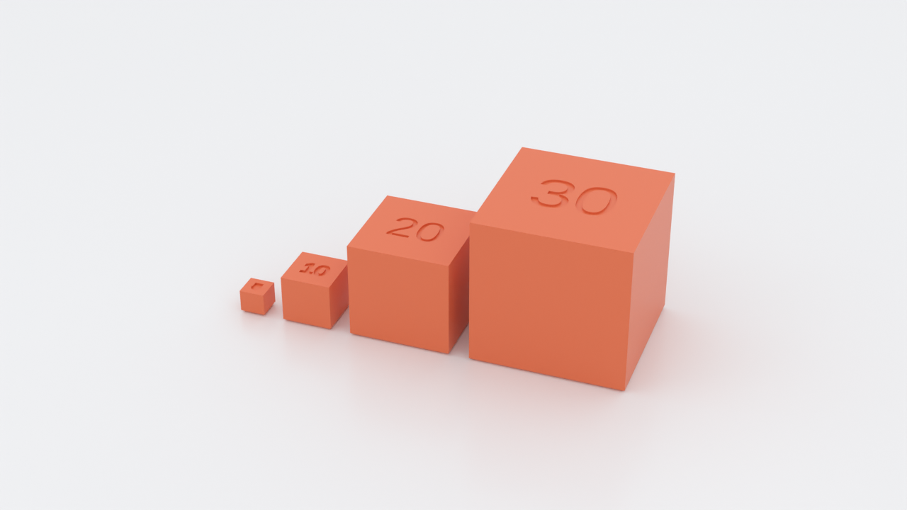 Product shot: multi-size strip — separate 5 / 10 / 20 / 30 mm cubes, air-gapped, satin orange PLA