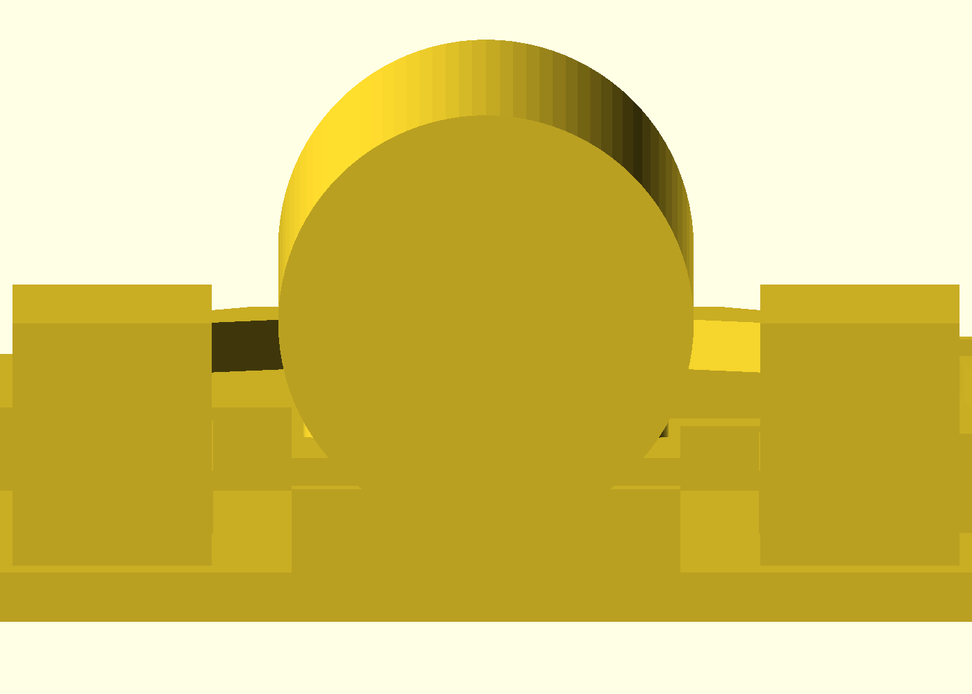 End view down the trough — the rod's cross-section as a circle between the two pad faces, the trough wall rising behind it
