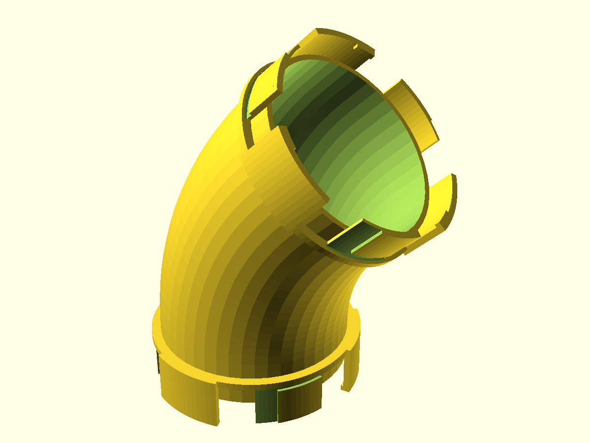 Three-quarter view of the 45° elbow, inlet flange down