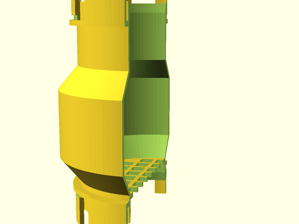 Sagittal cutaway — bore through both ports, bulb cavity, mesh floor