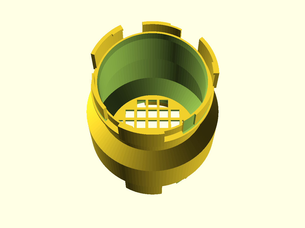 Top-down through the fill port — the mesh floor's 8 mm cells