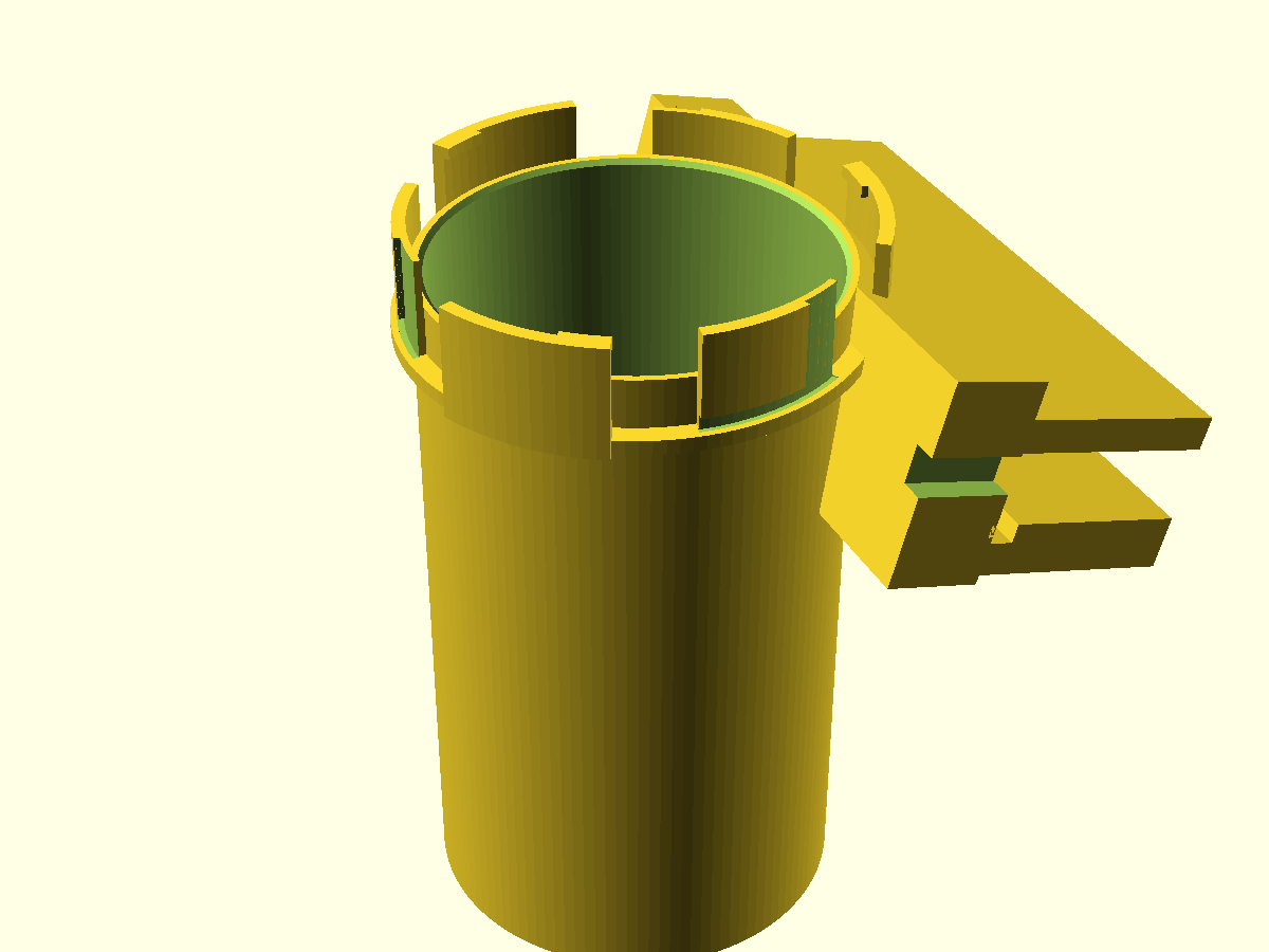 The body as printed — port-down on the sector tips, shell growing out of the tube