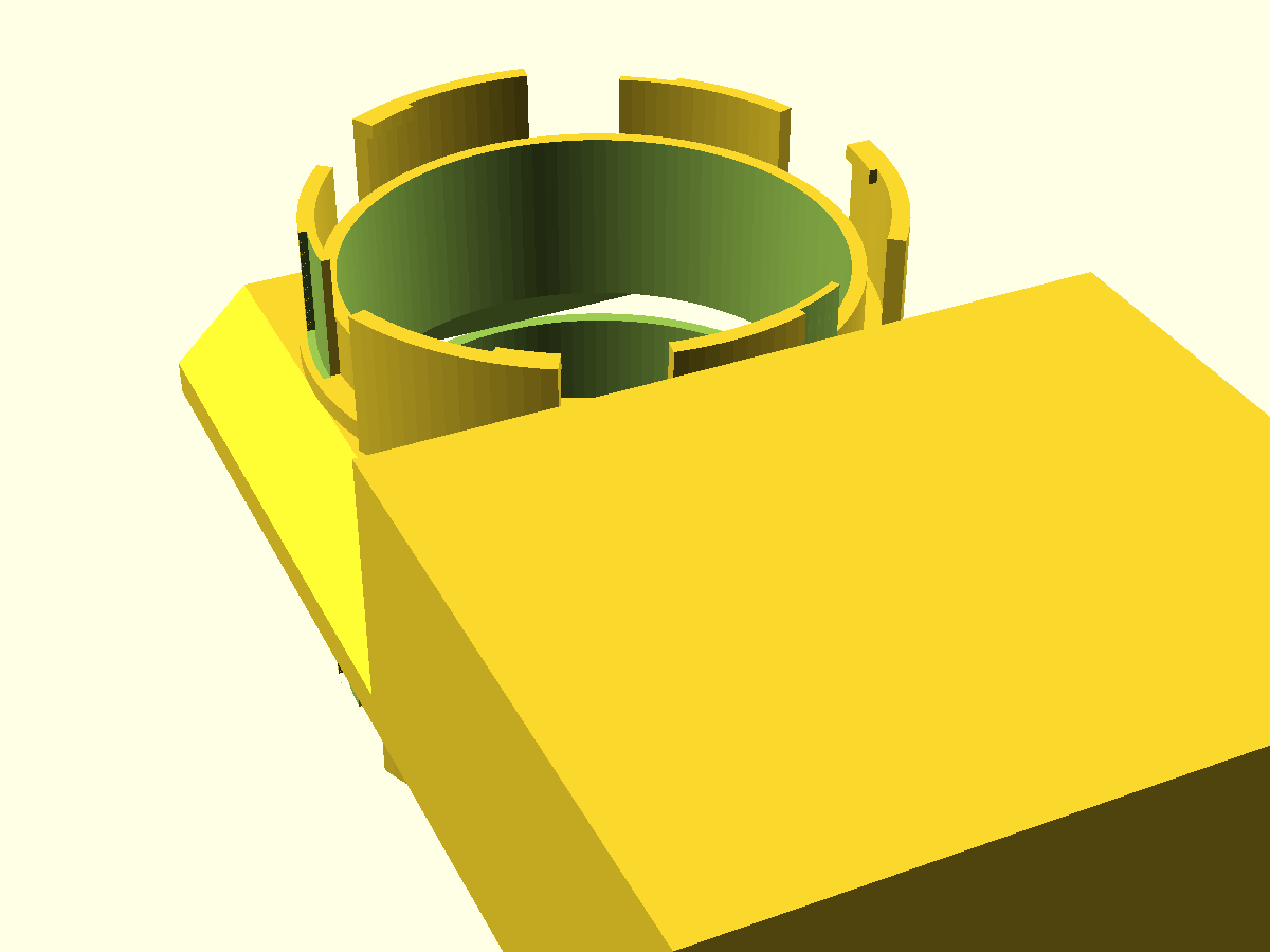 How it prints — gate parked open over the pedestal, 45° support skirt underneath