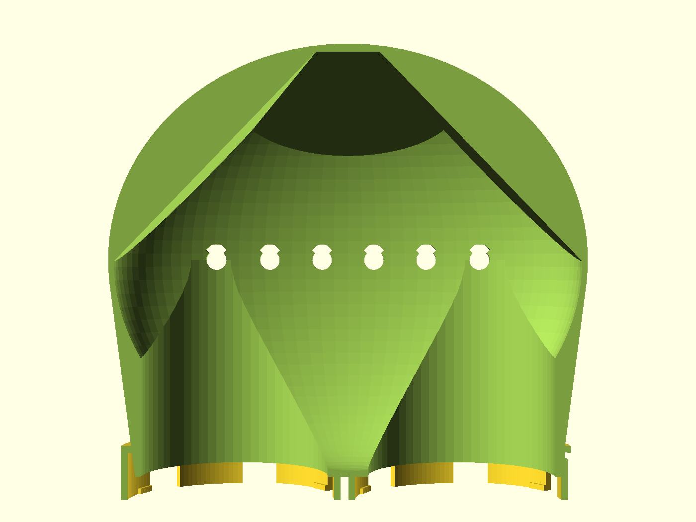 Section along the turn axis — the vault hipped down into the end; the dark band is the shell seen edge-on, not a window