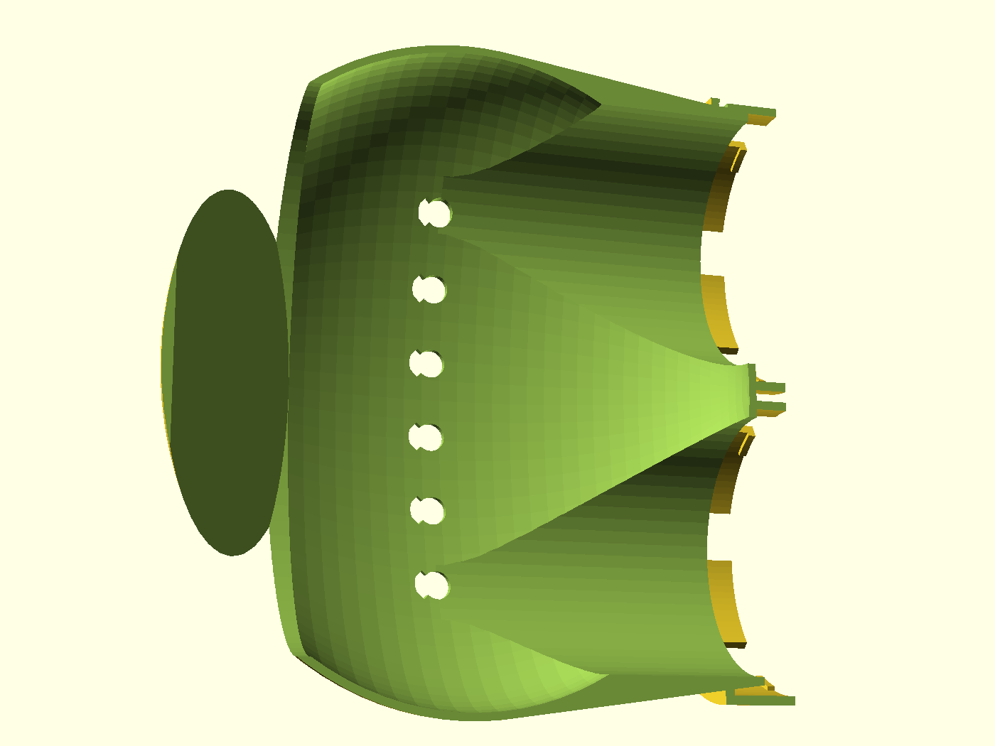 Section through both port axes — bores, web, dish handoff