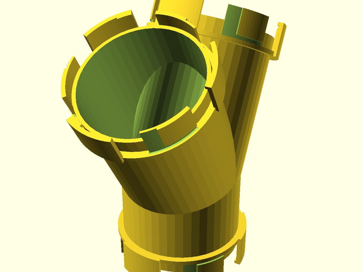Three-quarter view of the Y-splitter, inlet port down, both branch ports up