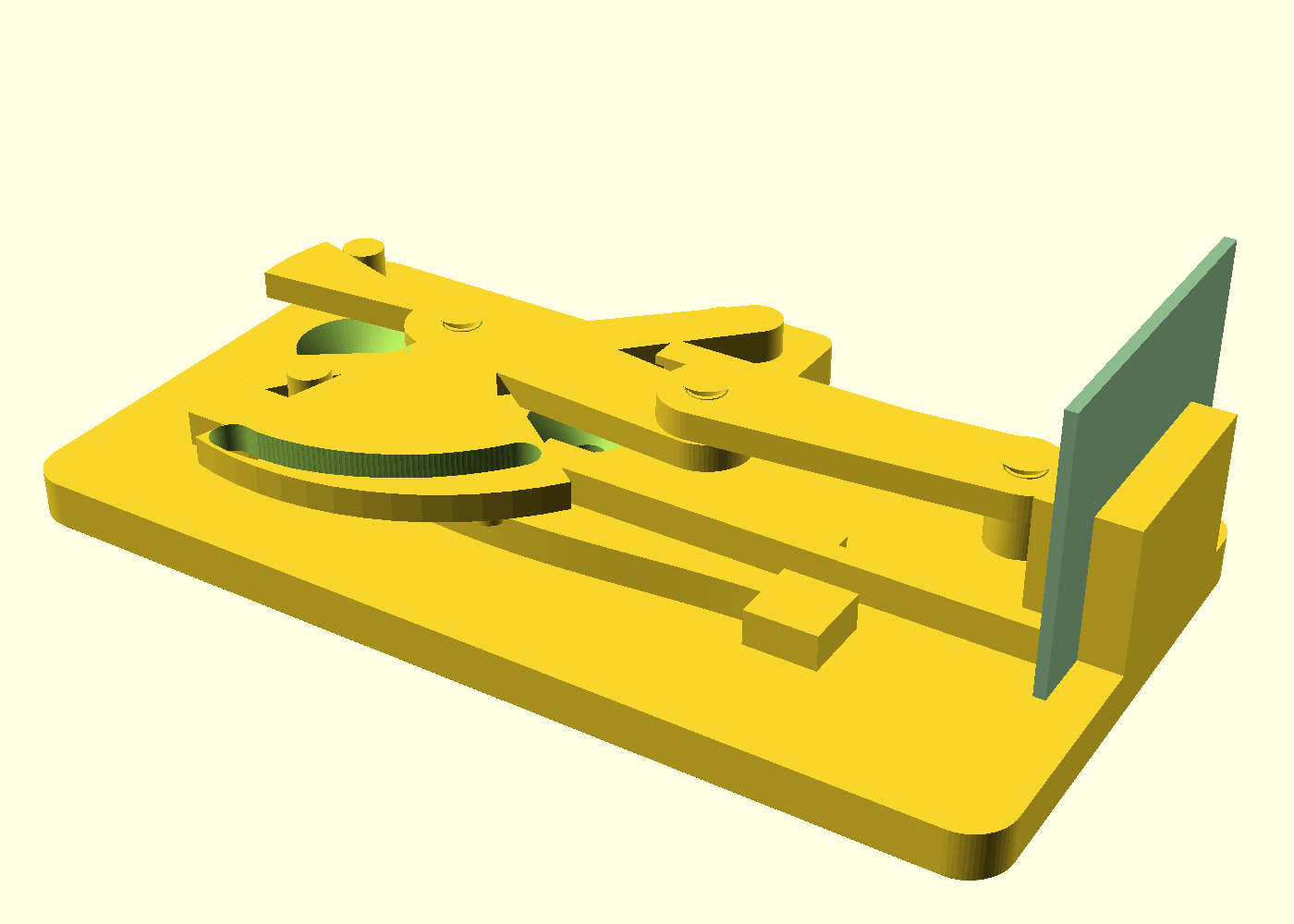The clamp seated closed on a 1.6 mm PCB-class workpiece — the lever past dead center into its stop