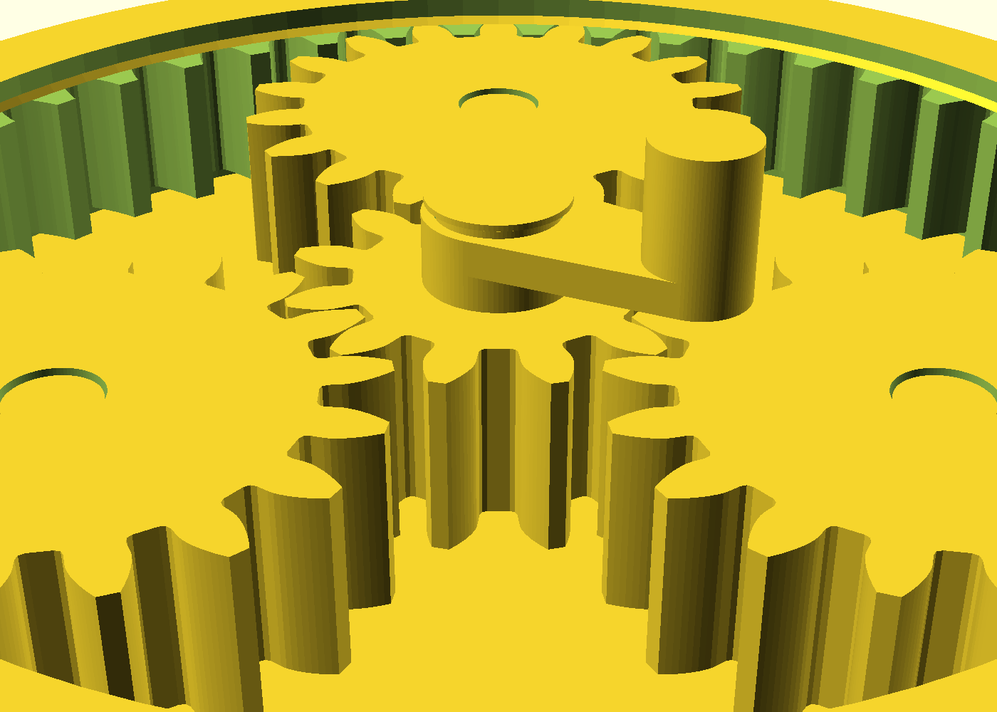The gear stratum: sun, three planets and the internal ring, all in mesh