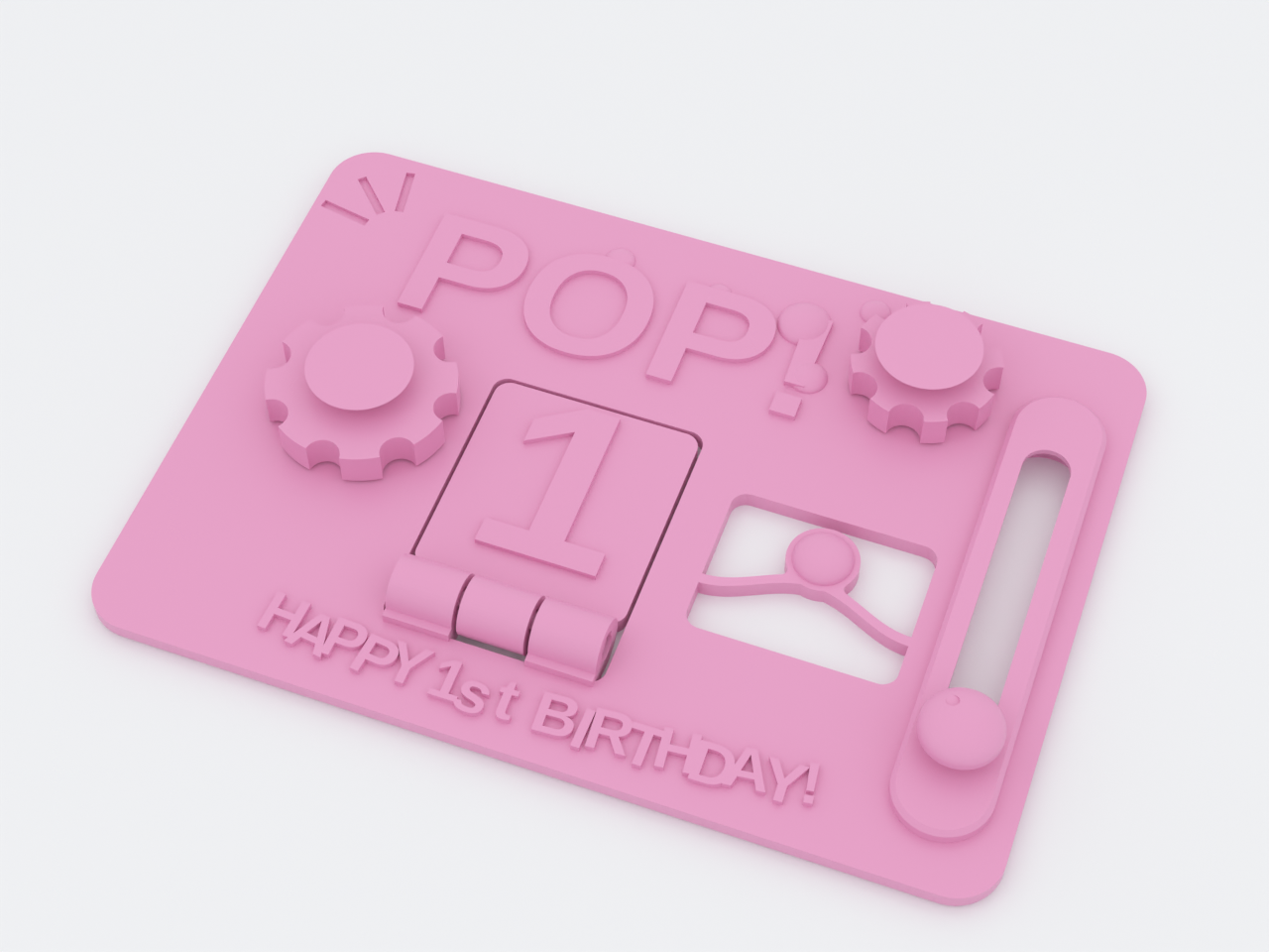 Studio product shot of the bubble-pink 3D-printed pop-fidget-card