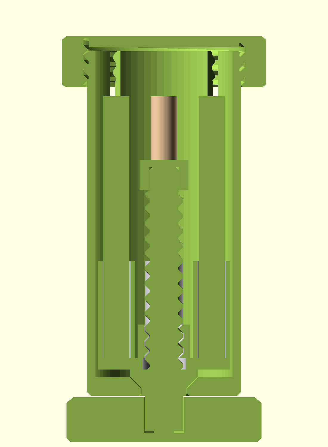 Cutaway — central lead-screw, elevator nut, cups, slots, floor-captured screw base, lid thread