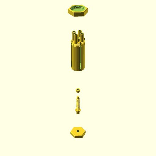 Exploded view — the six printed parts