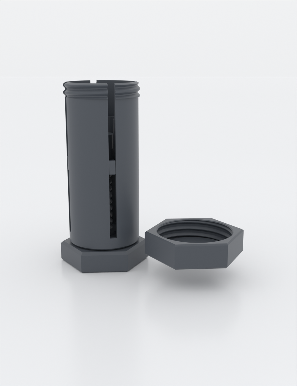 The raised state, from the side — the elevator wound up; empty and geometry-true, the cups stop ~12 mm short of the mouth (a loaded roll stands ~32 mm proud — see the GIF)