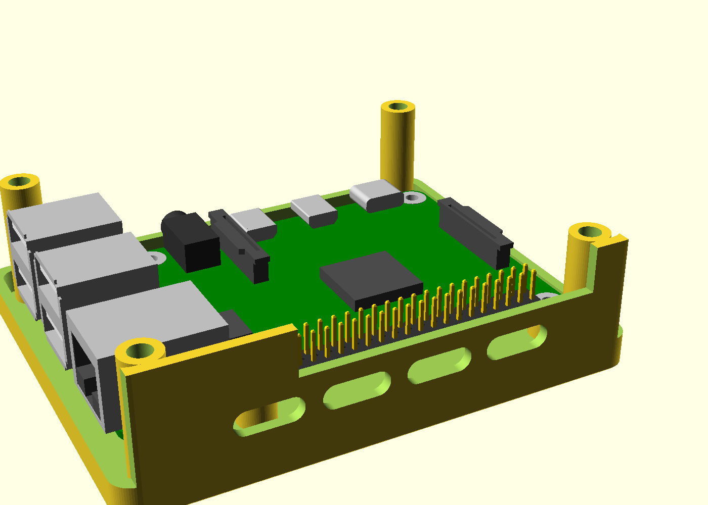GPIO access notch above the 2×20 header — jumpers exit here with the lid on