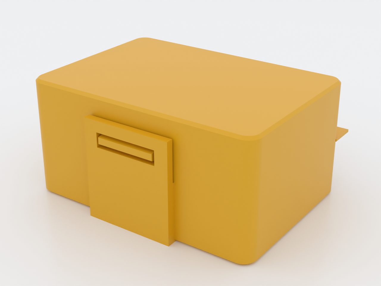 Studio product shot of the amber 3D-printed snap-clamshell-box
